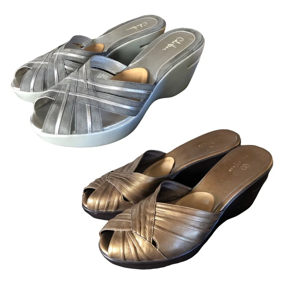 Lot of 2 pair Cole Haan Austyn Peep Toe Wedge Sandal Mule Slides size 11B